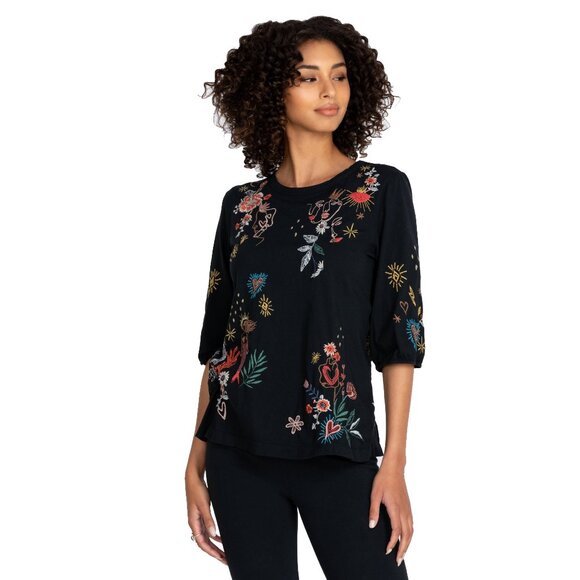 Johnny Was Ruth Puff Sleeve Floral Embroidered Tee Cotton Shirt Black Top NEW - Picture 2 of 7